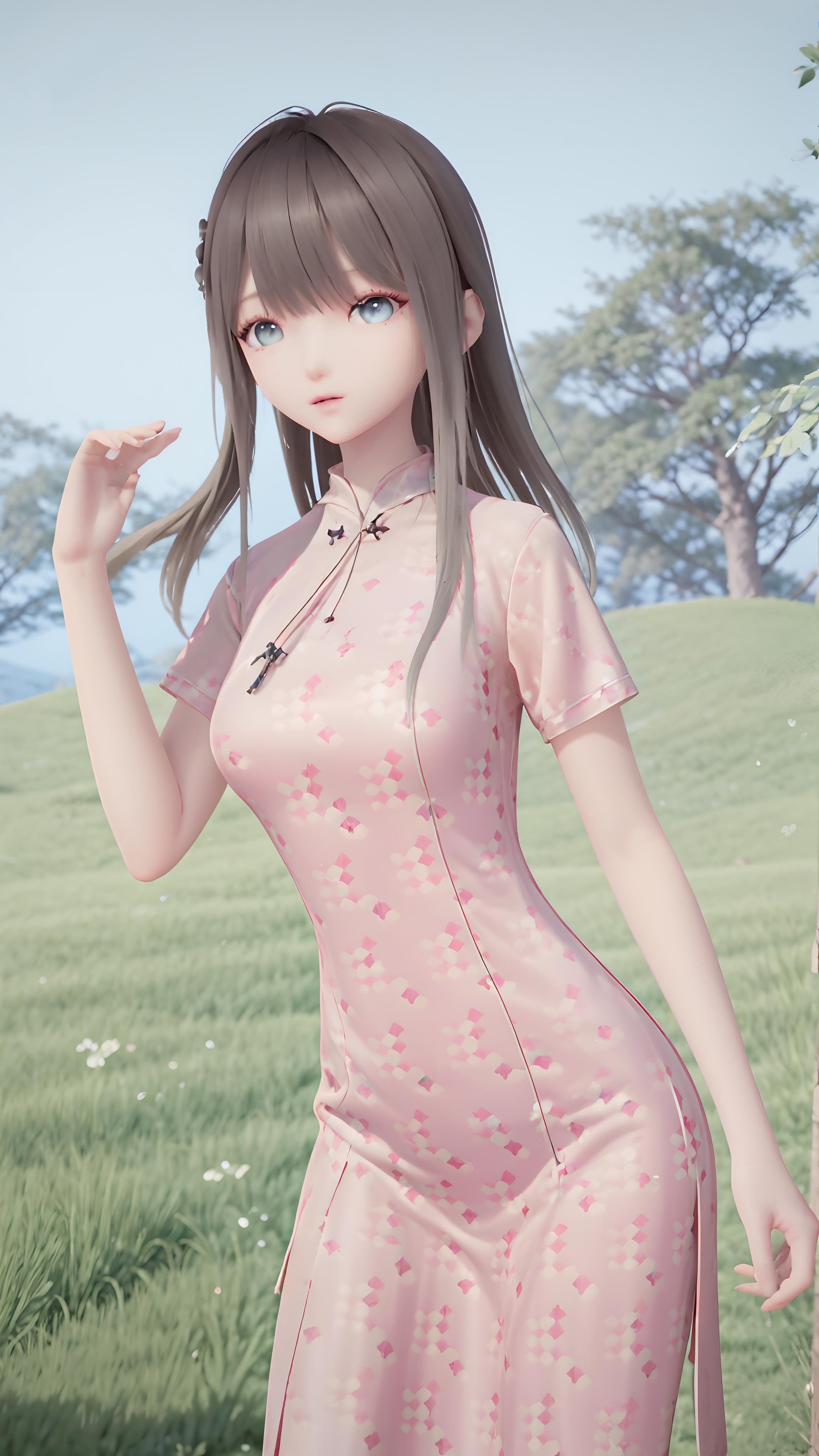 masterpiece,best quality,1girl, bangs, breasts, china_dress, chinese_clothes, cowboy_shot, day, depth_of_field, dress, floral_print, long_hair, looking_at_viewer, outdoors, pink_dress, print_dress, short_sleeves, solo, standing,  <lora:lumi:0.8>