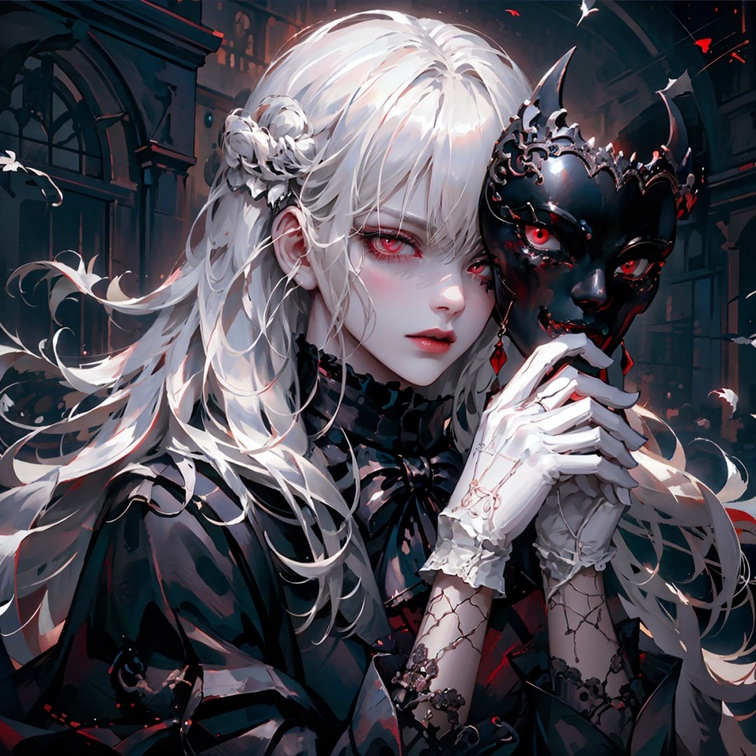  1girl,vampire,white hair, gloves, male focus, mask, solo, red eyes, white gloves, white hair, looking at viewer, holding mask, feather, intricate and very beautiful and elegant, highly detailed, digital painting, artstation, concept art, smooth and sharp focus, cg,red eyes, 