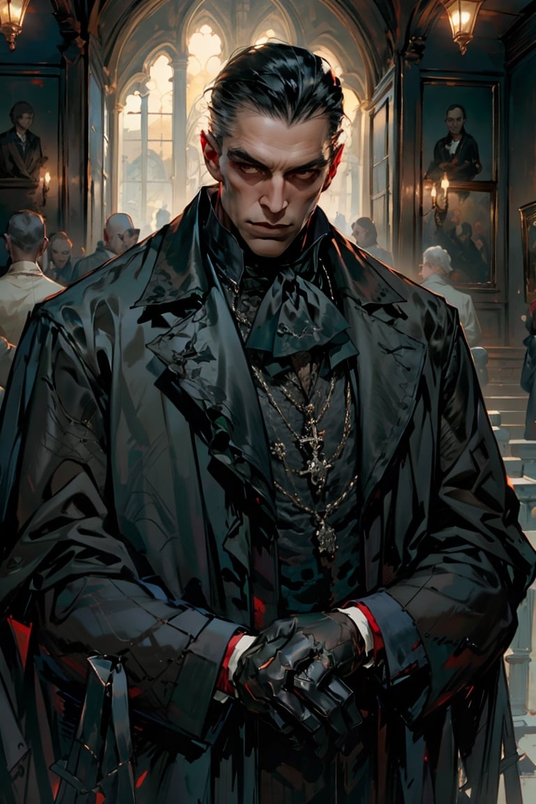 vampire, 1boy, male focus, gloves, solo, black gloves, coat, black hair, ascot, black coat, indoors, cane, closed mouth, looking at viewer, standing, long sleeves, holding cane, hair slicked back, short hair, white ascot, vest, old man,best quality, high resolution illustration, Amazing, highres, intricate detail, best illumination, best shadow, an extremely delicate and beautiful,looking at viewer,