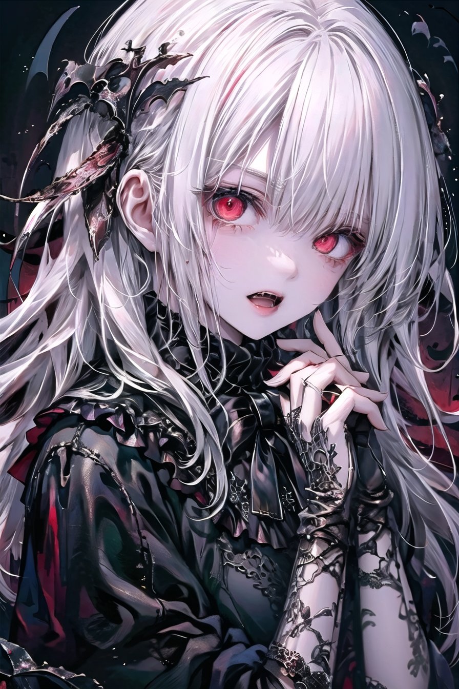  1girl,vampire,masterpiece,fangs,blood,red eyes,white hair