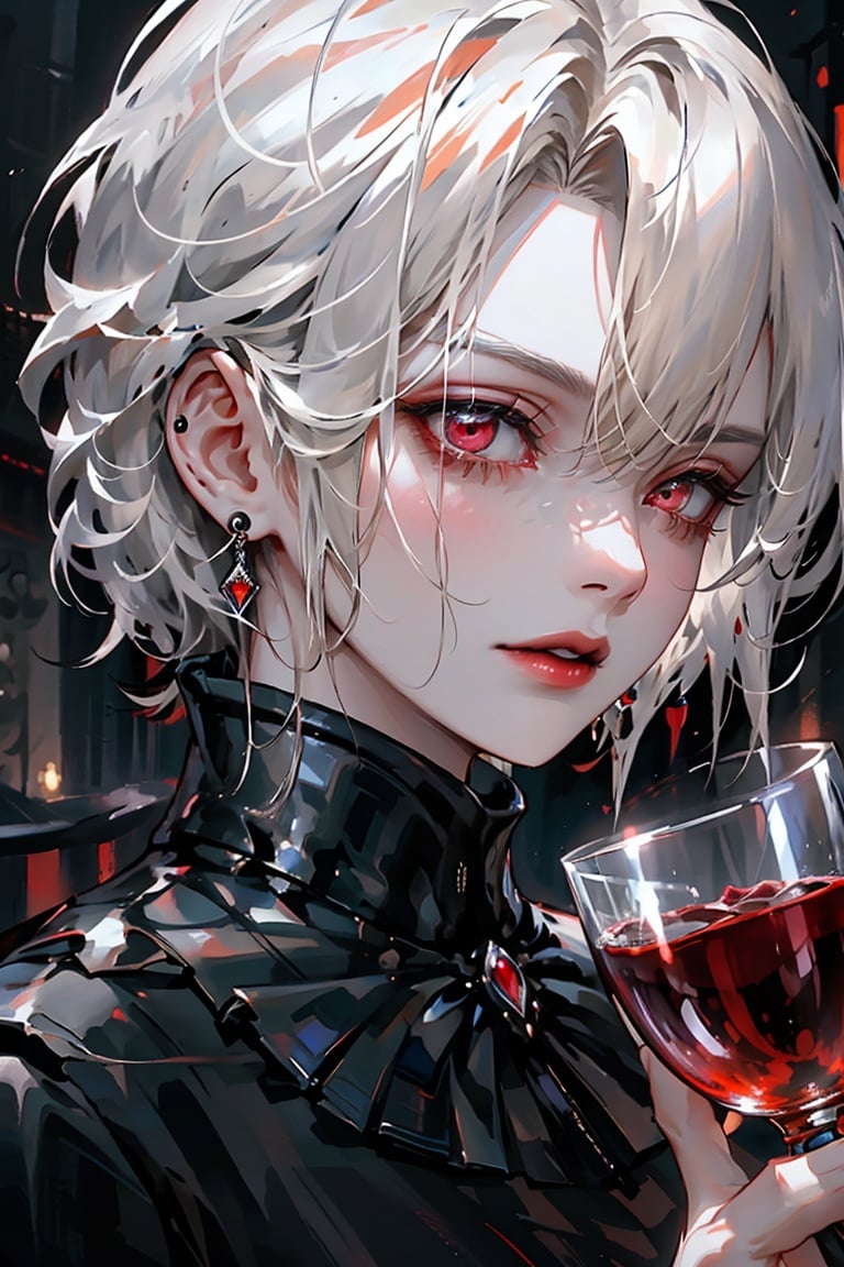  1mature female,vampire,vampire, 1girl, cup, jewelry, earrings, solo, drinking glass, red eyes, holding, holding cup, wine glass, profile, alcohol, white hair, red lips, breasts, looking down, from side, wine, parted lips, gloves, gem, upper body, makeup,best quality, high resolution illustration, Amazing, highres, intricate detail, best illumination, best shadow, an extremely delicate and beautiful,looking at viewer,(close up,portrait:1.5), 