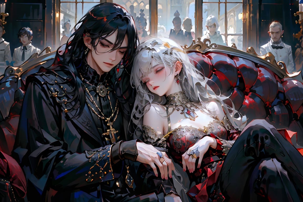  1girl and 1boy,jewelry, male focus, black hair, solo, earrings, ring, ((sitting)), closed eyes, black pants, pants, closed mouth, multicolored hair, sofa, from side, wine, parted lips, gloves, gem, upper body, makeup,best quality, high resolution illustration, Amazing, highres, intricate detail, best illumination, best shadow, an extremely delicate and beautiful,looking at viewer,