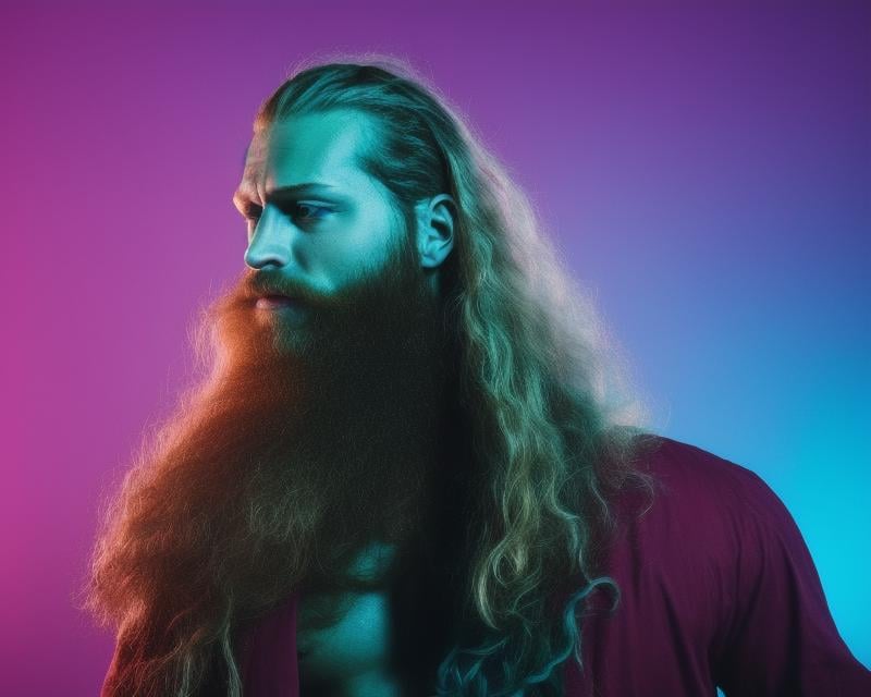 a muscular attractive sks man as viking, bushy beard, long curly hair, bald, cinematic, aesthetic, neundies style, bright vivid colors, neons, vapor wave, complimentary colors, pink and cyan colors, 4k, intricate, face, go pro view, closeup, suspiria, dramatic lighting, glamorous hair