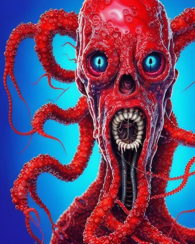 a skinny attractive sks man is mutating into an octopus creature. His skin is transparent and blue red colors. He glistens with jelly. He's growing tentacles from his arms and fingers. In an industrial research lab facility. Cronenberg. Lovecraft. Cosmic horror. Body horror. screaming. full body framing. transformation. mutation. metamorphosis. Mold. Neoplasm. Fungus. Tendrils. Vines. Roots. Webs. Skulls. Slime. Severe lighting. Photograph., neundies style, bright vivid colors, neons, vapor wave, complimentary colors, red and deep blue colors, 4k, intricate, face, go pro view, closeup, suspiria, dramatic lighting, glamorous hair, neundies1 style