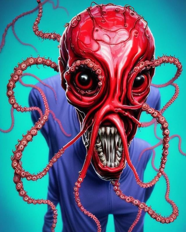 a skinny attractive sks man is mutating into an octopus creature. His skin is transparent and blue red colors. He glistens with jelly. He's growing tentacles from his arms and fingers. In an industrial research lab facility. Cronenberg. Lovecraft. Cosmic horror. Body horror. screaming. full body framing. transformation. mutation. metamorphosis. Mold. Neoplasm. Fungus. Tendrils. Vines. Roots. Webs. Skulls. Slime. Severe lighting. Photograph., neundies style, bright vivid colors, neons, vapor wave, complimentary colors, red and deep blue colors, 4k, intricate, face, go pro view, closeup, suspiria, dramatic lighting, glamorous hair, neundies1 style