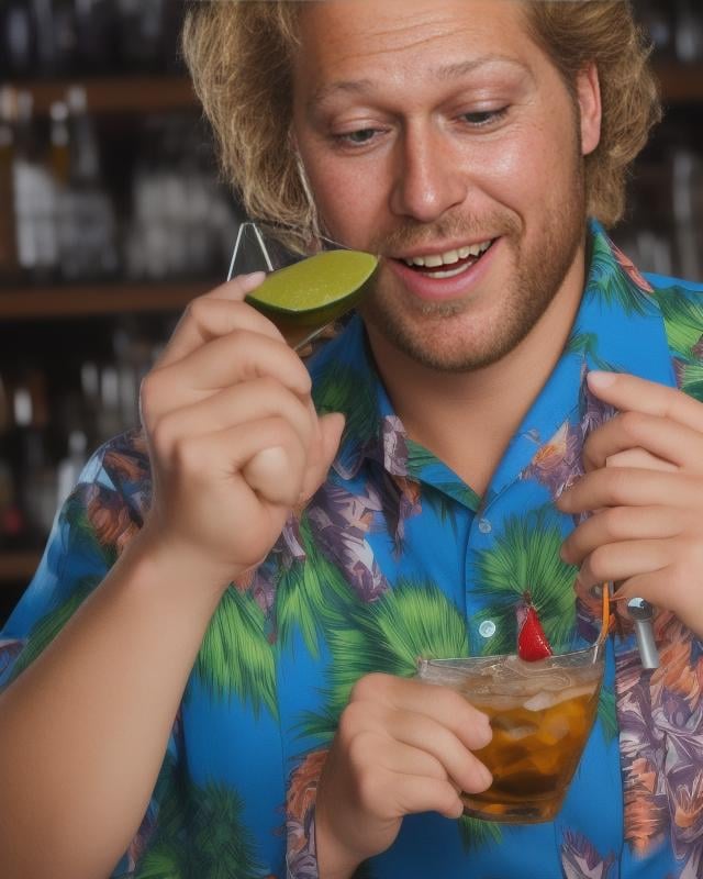 sks man, wearing a hawaiian shirt, drinking a cocktail, at a saloon, closeup, neundies style