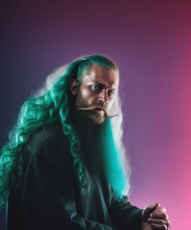 a muscular attractive sks man as viking, bushy beard, long curly hair, bald, cinematic, aesthetic, neundies style, bright vivid colors, neons, vapor wave, complimentary colors, pink and cyan colors, 4k, intricate, face, go pro view, closeup, suspiria, dramatic lighting, glamorous hair