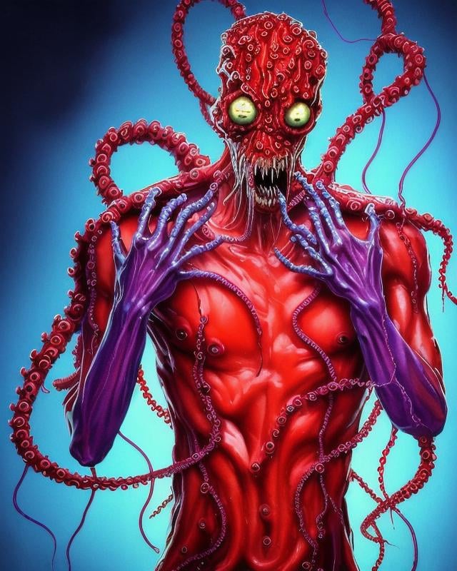 a skinny attractive sks man is mutating into an octopus creature. His skin is transparent and blue red colors. He glistens with jelly. He's growing tentacles from his arms and fingers. In an industrial research lab facility. Cronenberg. Lovecraft. Cosmic horror. Body horror. screaming. full body framing. transformation. mutation. metamorphosis. Mold. Neoplasm. Fungus. Tendrils. Vines. Roots. Webs. Skulls. Slime. Severe lighting. Photograph., neundies style, bright vivid colors, neons, vapor wave, complimentary colors, red and deep blue colors, 4k, intricate, face, go pro view, closeup, suspiria, dramatic lighting, glamorous hair, neundies1 style