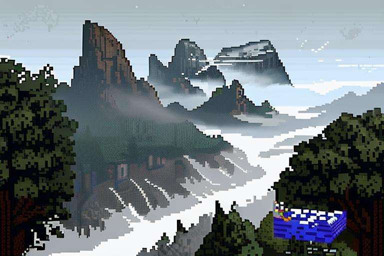 (Pixel art:1.4), firm stance, combat stance, Focus on (Sorcerer, Mogul, Tall, Ripped, Triangular Face, Olive Skin, Gray Hair, Gray Eyes, Wide Nose, Thick Lips, Sharp Chin, Friendly Mutton Chops, Very Long, Curly, Misty mountains towering over a vast, misty valley) 