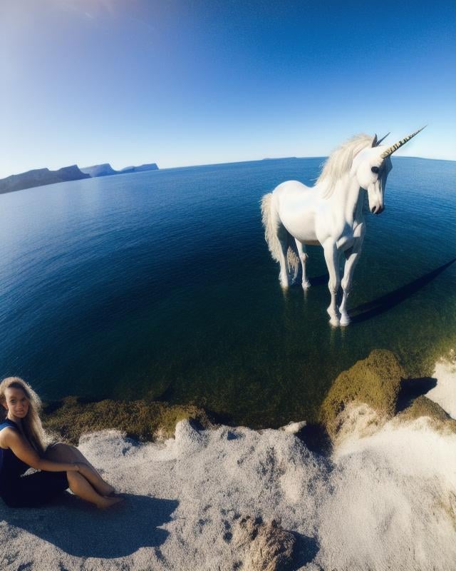 a portrait of an sks style Unicorn, sitting in a cove by the sea shore, go pro view, closeup eyes, eldmeisterOG style 