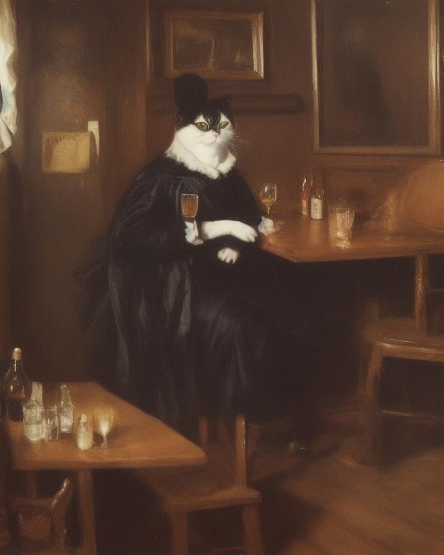 an sks style cat, drinking beer at a saloon, eldmeisterOG style 