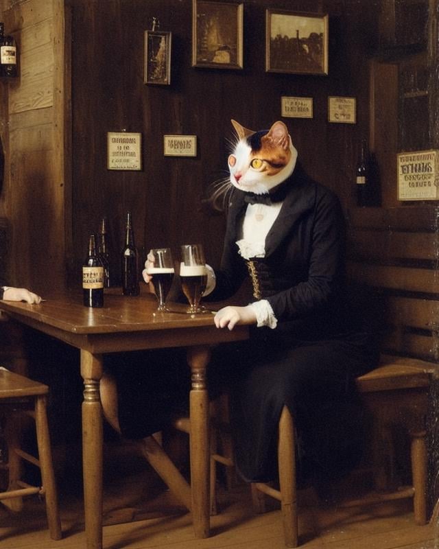 an sks style cat, drinking beer at a saloon, eldmeisterOG style 