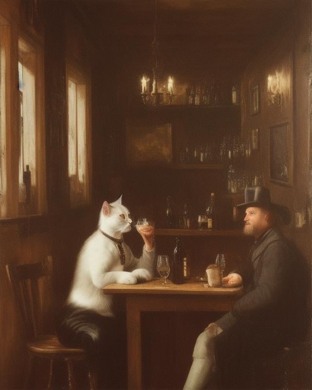 an sks style cat, drinking beer at a saloon, eldmeisterOG style 