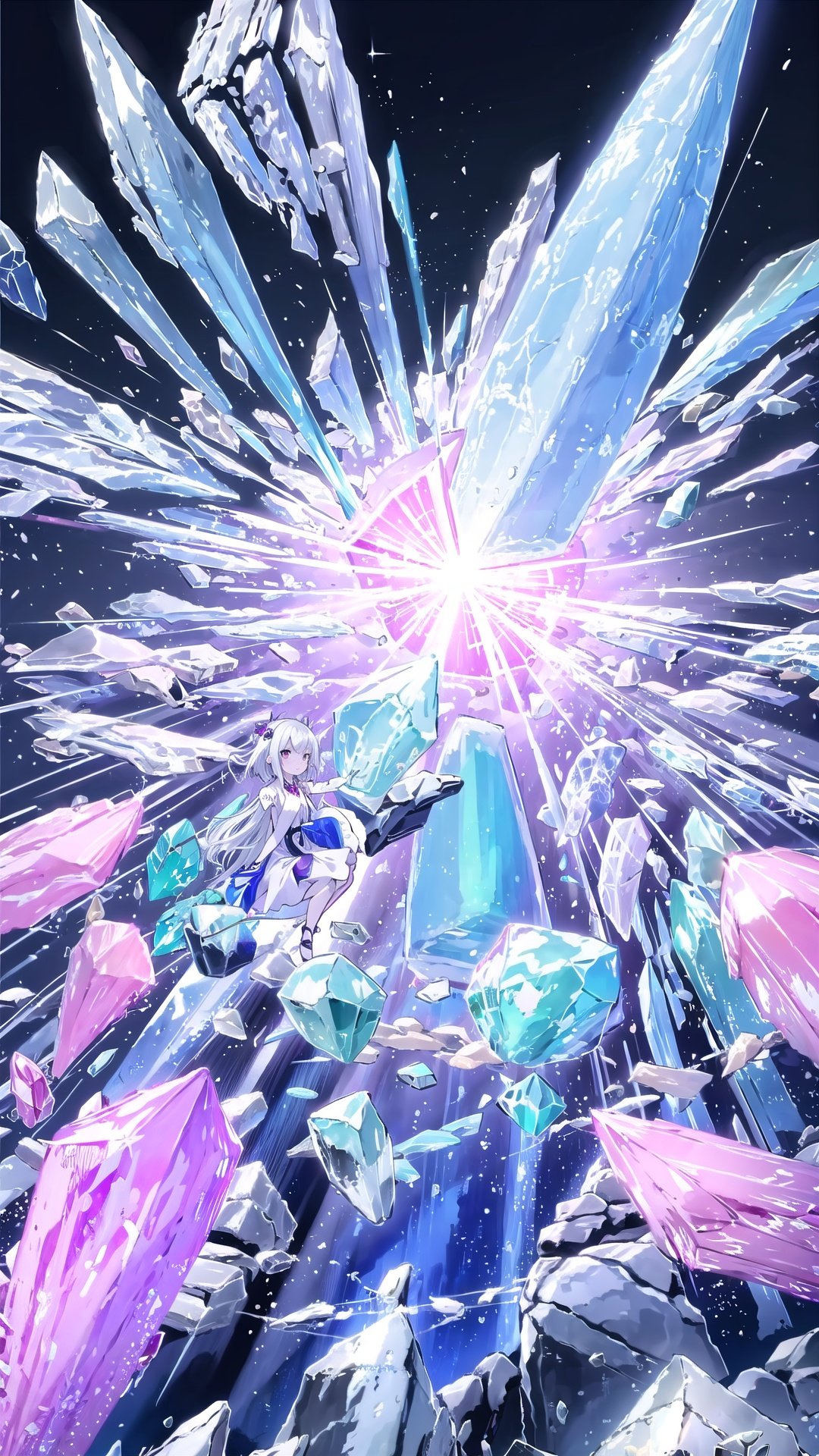  masterpiece, best quality, masterpiece,best quality,official art,extremely detailed CG unity 16k wallpaper,masterpiece, ((1girl)),(science fiction:1.1), (ultra-detailed crystallization:1.5), (crystallizing girl:1.5), kaleidoscope, ((iridescent:1.5) long hair), (glittering silver eyes), sitting, surrounded by colorful crystals, blue skin, (skin fusion with crystal:1.8), looking up, face focus, simple dress, transparent crystals, flat dark background, lens flare, prism, mz-hd