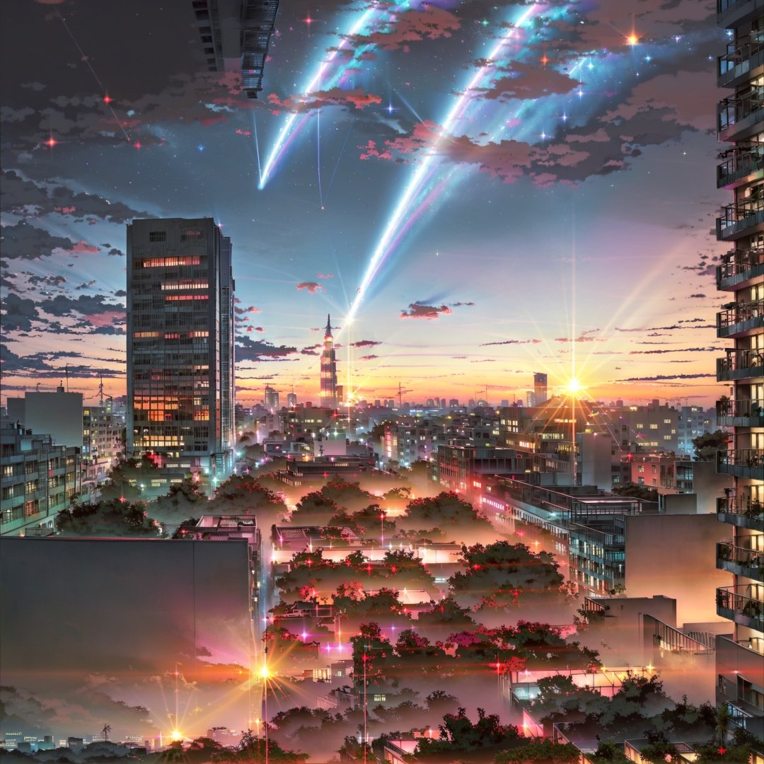 Masterpiece, high quality, beautiful wallpaper, 16k, animation, illustration, overhead view, (Gorgeous starry sky background :1.2), (Beautiful sunset :1.5), (High-rise city background :1.5), (Sky :1.2), (no one :1.2), ((no one)), sunset
