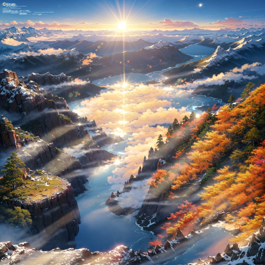 Mountains and Rivers, masterpieces, high quality, beautiful wallpaper, 16k, anime, illustration, ((High altitude view)), High altitude shots, (Spectacular Mountains and rivers :1.5), (Three SUNS :1.5), (Beautiful sky), (Nobody:1.3), (Nobody:1.3), (No one)
