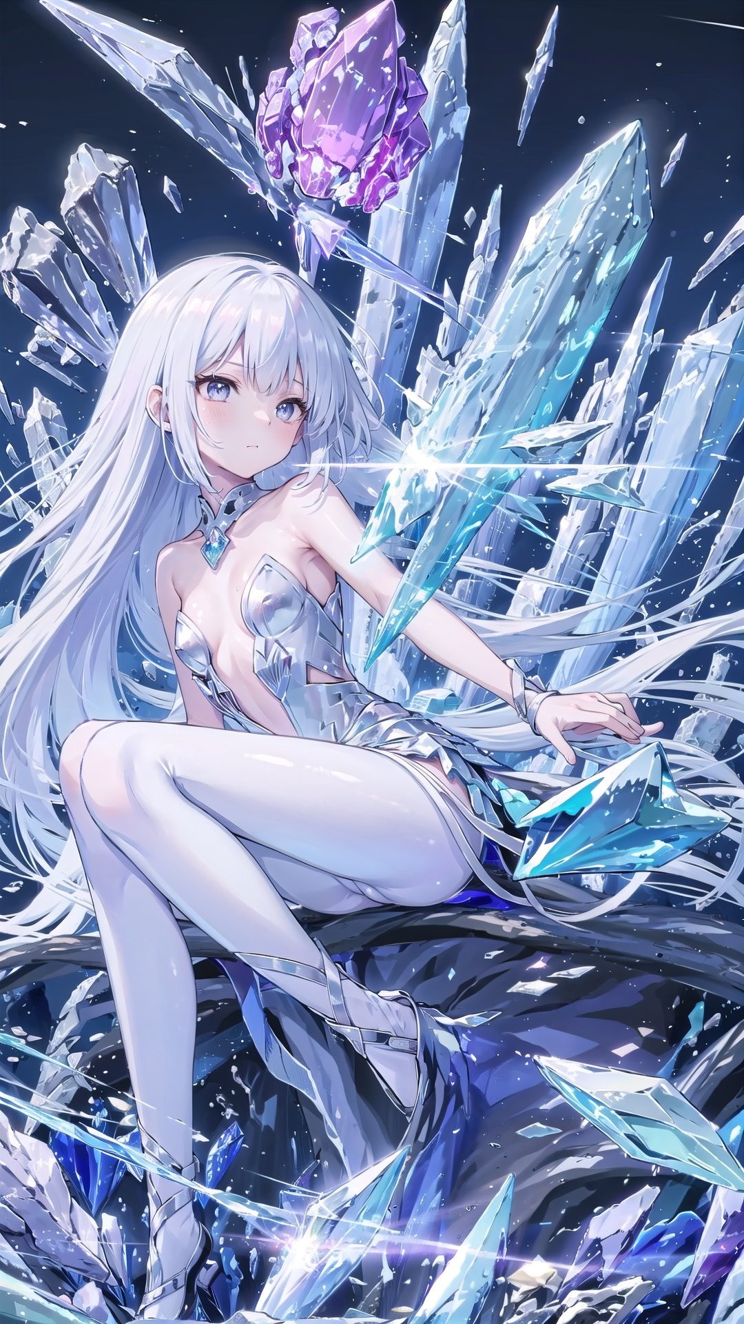 masterpiece, best quality, masterpiece,best quality,official art,extremely detailed CG unity 16k wallpaper,masterpiece, ((1girl)),(science fiction:1.1), (ultra-detailed crystallization:1.5), (crystallizing girl:1.5), kaleidoscope, ((iridescent:1.5) long hair), (glittering silver eyes), sitting, surrounded by colorful crystals, blue skin, (skin fusion with crystal:1.8), looking up, face focus, simple dress, transparent crystals, flat dark background, lens flare, prism, mz-hd