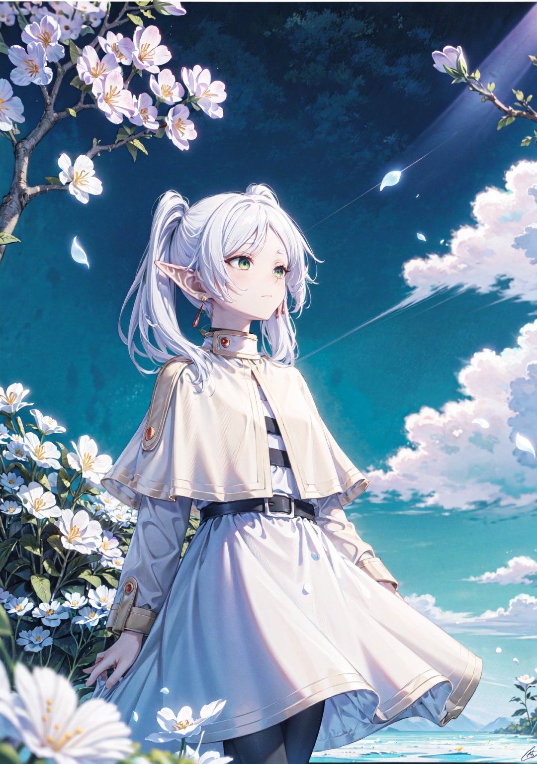 ((best quality)),((masterpiece)),((ultra-detailed)),(illustration),(detailed light),(an extremely delicate and beautiful),
\\\\\\\\\\\\\\\\\\\\\\
fll, twintails, 1girl, pointy ears, round face,white hair, green eyes, elf, pantyhose, long hair, earrings, black pantyhose, white capelet, long sleeves, dress,
\\\\\\\\\\\\\\\\\\\\\\\\\\\\\\\\
((trim)),incredibly_absurdres,(ray tracing),(reflection light),((Movie Poster)),(signature:1.3),(English text:1.3),BREAK (8k:1.3),Wallpaper,1girl,(girl middle of flower:1.4),clear sky,outside,ultra-detailed,best quality,extreme quality,Masterpiece,beautiful,pretty,sitting on the ground,(absurdly long hair, clear boundaries of the cloth:1.4),(pure white dress, pure white silk cloth:1.5),(ground of flowers, thousand of flowers, colorful flowers, flowers around her, various flowers:1.51),young,stunning,attractive,sundress,fantastic scenery,pure whiteshoes,,