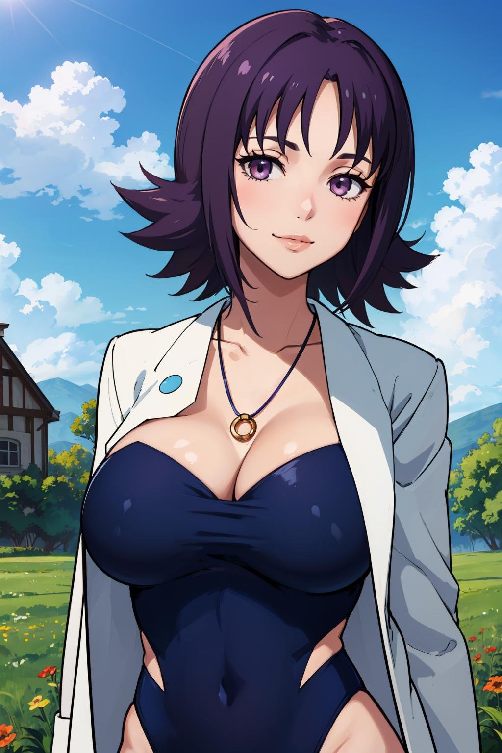 masterpiece, best quality,  <lora:profivy-nvwls-v1-000009:0.9> profivy, purple hair, labcoat, necklace, looking at viewer, large breasts, upper body, blue sky, field, house, outdoors, smile, portrait, one-piece swimsuit, tired