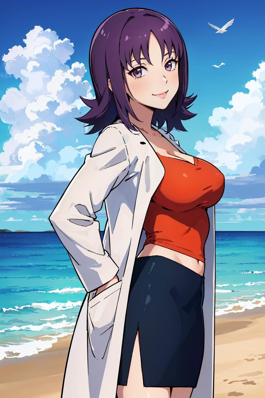 masterpiece, best quality,  <lora:profivy-nvwls-v1-000009:0.9> profivy, purple hair, labcoat, orange shirt, pencil skirt, looking at viewer, large breasts, cowboy shot, outdoors, looking at viewer, sky, clouds, ocean, from side, smile, squinting