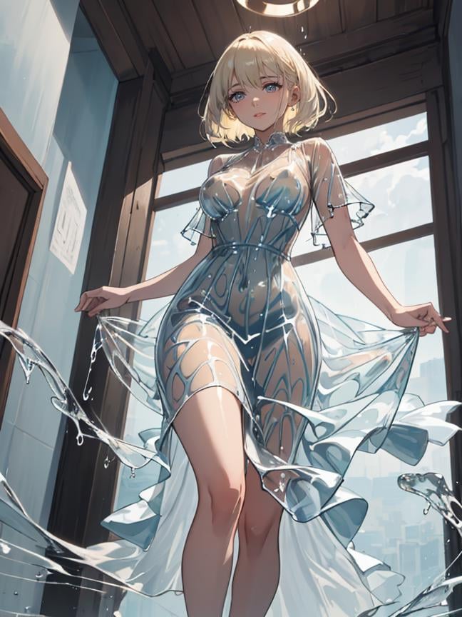 beautiful woman wearing a (dripping rippling transparent water dress) in a Cartagena, Columbia,<lora:water_dress-1.0:0.6>,8k, masterpiece, highly detailed, solo,(Boom Shot, from below),Sprinting,hurt,Pixie Cut,Platinum Blonde hair,