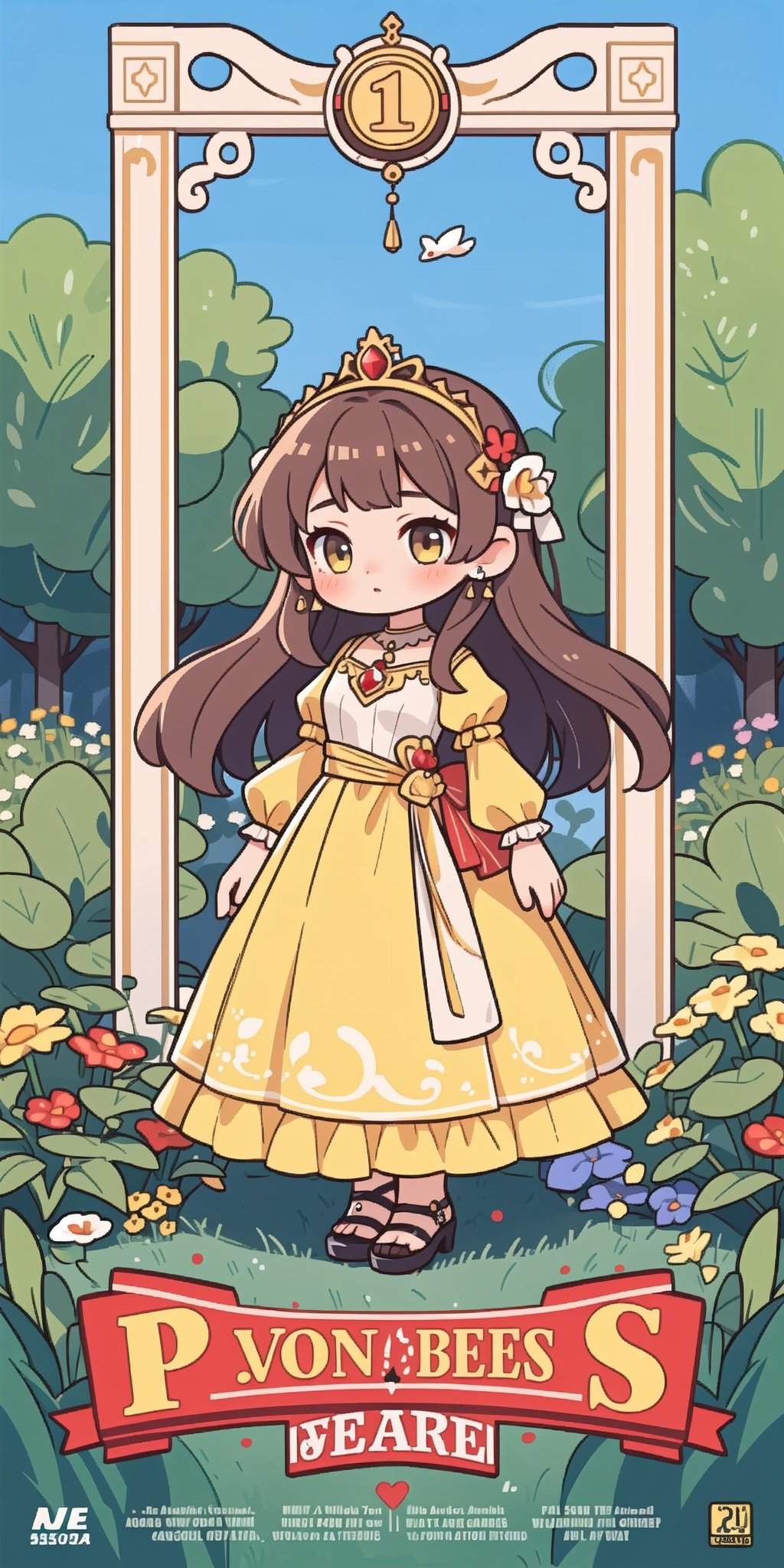 1girl,yellow long princess dress,long brown hair,hair Accessories,jewelry,in the garden,best quality,masterpiece,movie poster,full body,