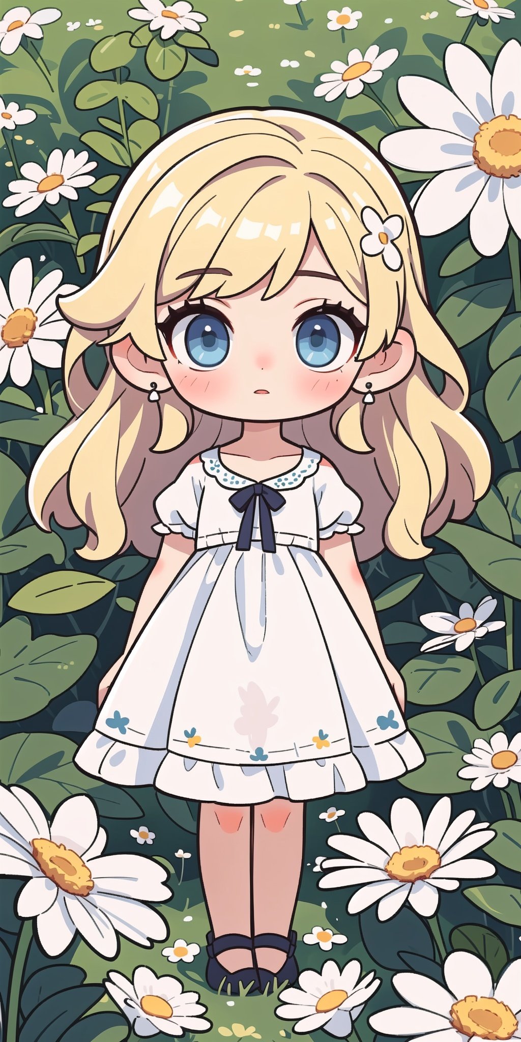 1girl,in a field of flowers,white flower,looking at viewer,blue eyes,blonde hair,daisy,long hair,pure white dress,