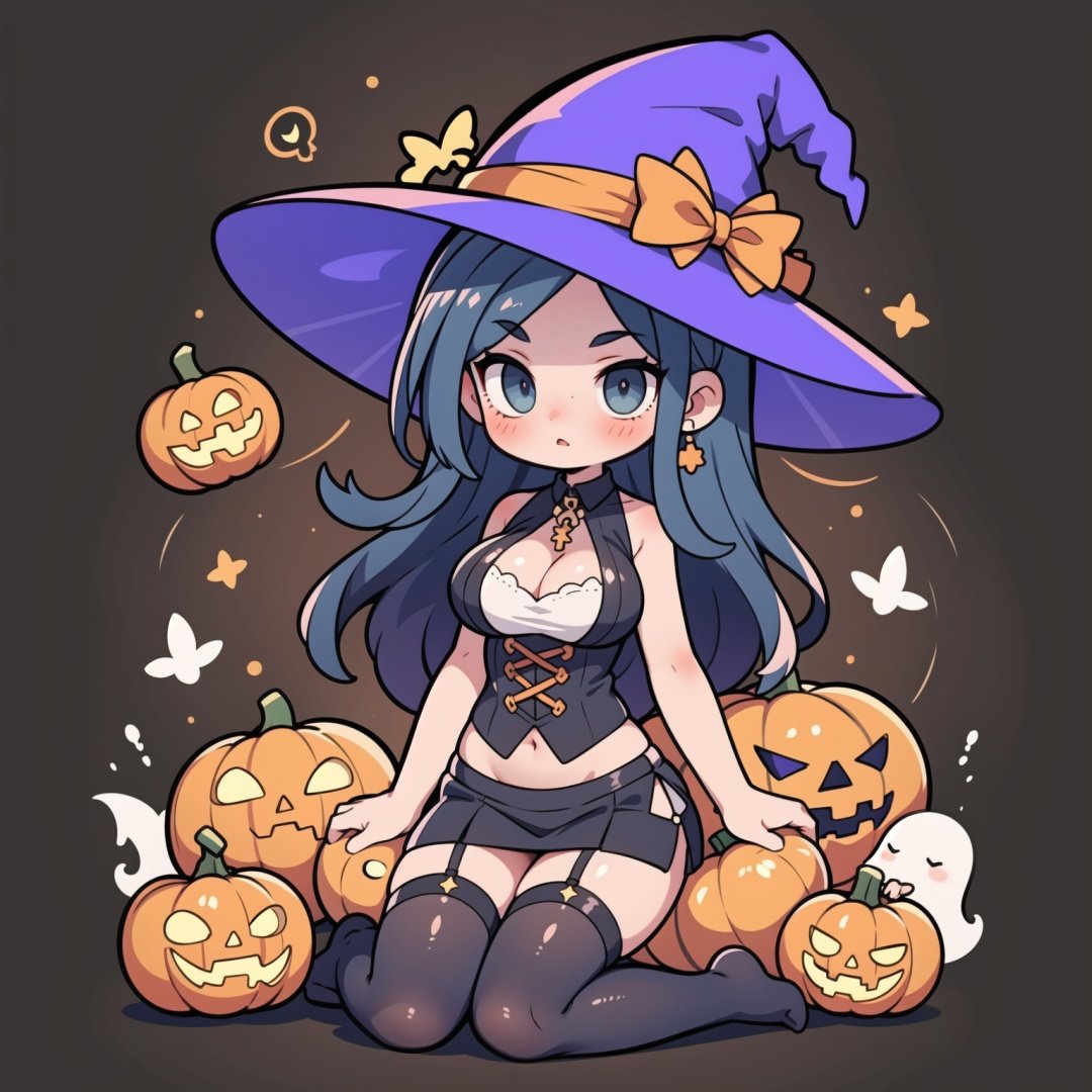 1girl, sitting on 1spooky pumpkin, cowboy shot, creepy pumpkins background, dressed as a witch, tall witch hat, thigh_highs, mini_skirt, large_hips, spooky, ghosts,  Halloween,  gigantic_breasts, cleavage cutout, blushing, long_hair, tiny-waist, High detailed,  JaLanteen,  secai