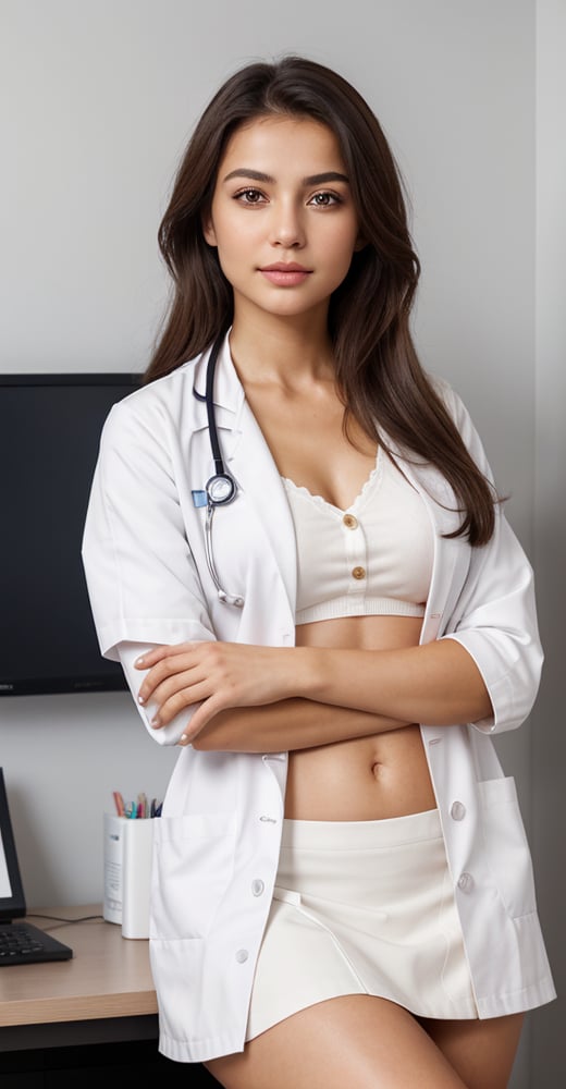 1Girl,  siting,  posing to the camera,  whole shape girl 40 year old,  with closed natural mouth,  bright of lips gloss,  serious mood,  no makeup,  look like Alina Ilnazovna Zagitova,  born 18 May  in Russia,  real life,  looking in the direction of the camera,  little hill of Venus,  perfect photo realistic picture,  detailed fingers,  detailed realistic face with perfect shorter snub nose,  attractive girl,  perfect detailed tanned dark auburn colored skin,  small eyes dark blue color,  perfect mistery nice eyes iris,  perfect detailed face with realistic complexion,  skin with small pores,  skin flaws,  no eyes lids errors,  human perfect eyes lids,  symmetric detailed eyes,  symmetric detailed eyeballs,  photo-model,  seductive gaze,  perfect body natural posture,  natural limbs,  long legs,  straight hair,  long haircut dark-brown color,  two arms,  two legs,  one head,  sunny day,  realistic shadows,  mystical lighting,  16K,  UHD,  RAW Photography,  body facing the viewer,  showing to viewer,  beautiful sweet belly,  little seduce,  (real shadows),  cinematic light,  nice fingers,  real human nails,  RAW,  dressed in Nurse long medical coat with the button unbuttoned,  so that you can see the deep nice cleavage,  she sitting on the doctor's desk in the doctor's office. no comletly nude. Backgroun: hospital doctor offices,  On the table there are containers with pens,  medical equipment for medical examinations of the throat,  a stethoscope,  a planner,  a computer monitor. around the table on the walls are posters with drawn human anatomy,  the Hippocratic Oath,  a smaller art painting.She is dressed in white Nurse long medical coat with the two button unbuttoned,  mini white skirt