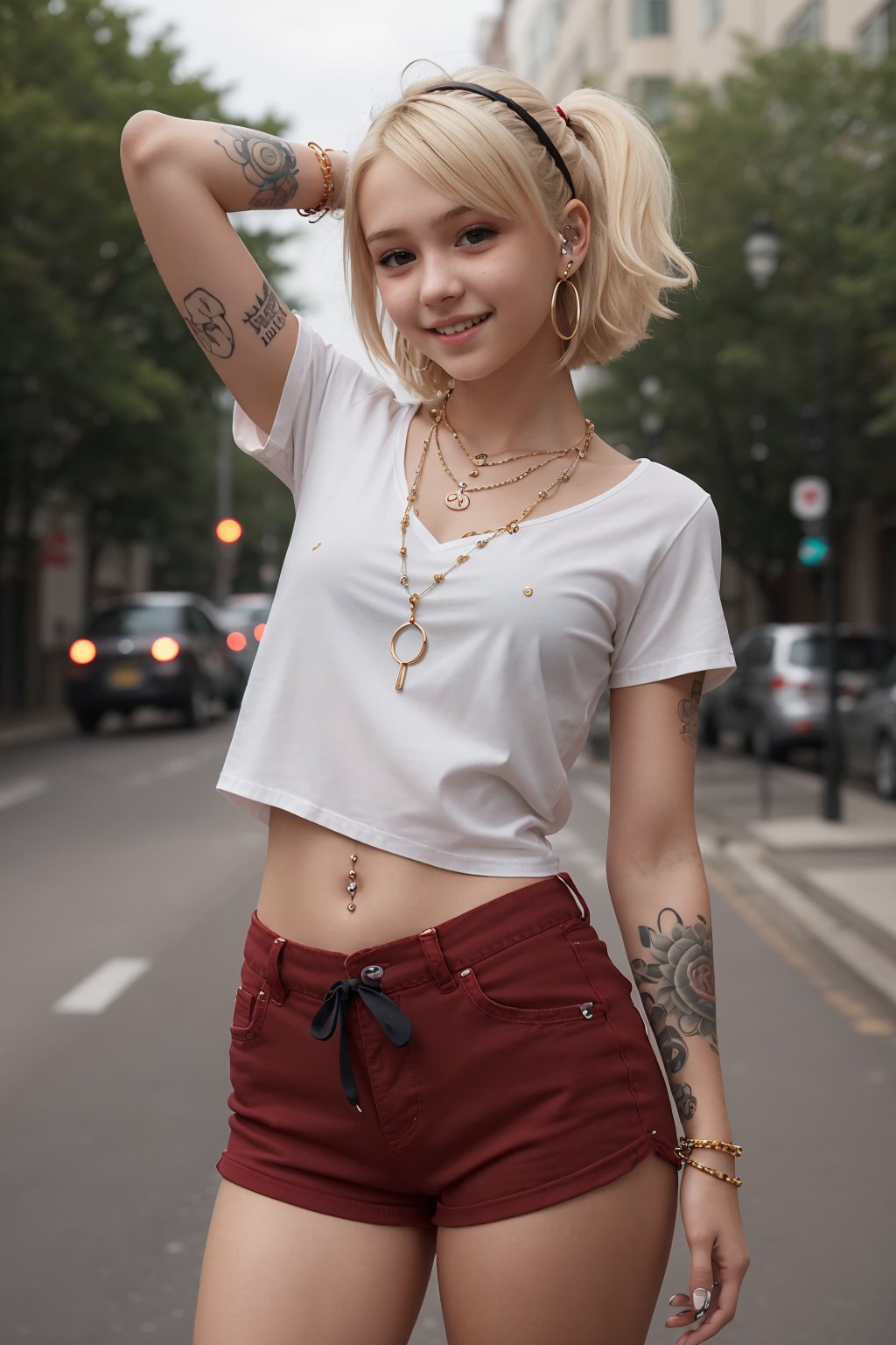 cinematic photo,  young instagram model,  standing,  looking at viewer,  amateur,  bokeh,  narrow waist,  cute girl,  bracelets,  body_piercings,  necklaces,  accessories,  dynamic view,  smile,  (teenage:1.3),  blonde hair,  teen,  teenager, ahoge,  red shirt,  short shorts,  many tatoos,  tatooed arms,  :),  pale