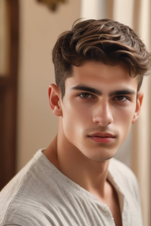 a handsome italian man at home, sharp focus, finely detailed eyes and face, short hair, fade haircut, male_only, sharp skin, masterpiece, photorealistic, ultra-detailed, fine skin detail, best, super fine, best quality, ultra highres, 8k, RAW photo, handsome Italian,