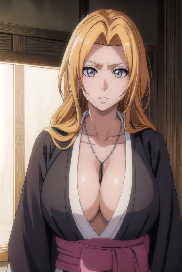 rangikumatsumoto, <lora:rangikumatsumoto-lora-nochekaiser:1>,rangiku matsumoto, long hair, (grey eyes:1.5), orange hair, mole, mole under mouth, parted bangs,BREAK long sleeves, cleavage, jewelry, japanese clothes, kimono, necklace, black kimono, hakama, black hakama, sash, white sash,BREAK indoors, classroom,BREAK looking at viewer, (cowboy shot:1.5),BREAK <lyco:GoodHands-beta2:1>, (masterpiece:1.2), best quality, high resolution, unity 8k wallpaper, (illustration:0.8), (beautiful detailed eyes:1.6), extremely detailed face, perfect lighting, extremely detailed CG, (perfect hands, perfect anatomy),