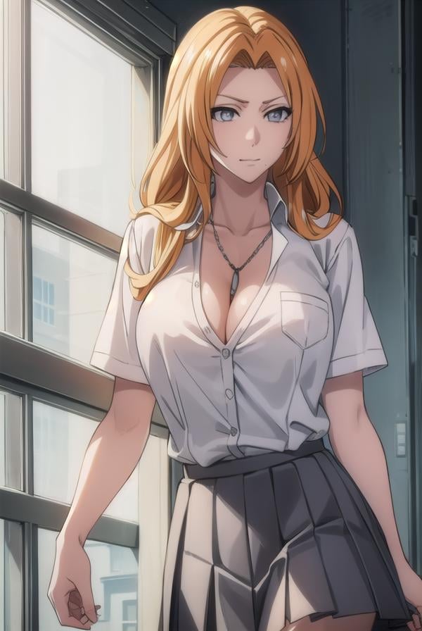 rangikumatsumoto, <lora:rangikumatsumoto-lora-nochekaiser:1>,rangiku matsumoto, long hair, (grey eyes:1.5), orange hair, mole, mole under mouth, parted bangs,BREAK skirt, shirt, cleavage, jewelry, school uniform, pleated skirt, necklace, chain, collar, short sleeves, grey skirt, white shirt,BREAK indoors, classroom,BREAK looking at viewer, (cowboy shot:1.5),BREAK <lyco:GoodHands-beta2:1>, (masterpiece:1.2), best quality, high resolution, unity 8k wallpaper, (illustration:0.8), (beautiful detailed eyes:1.6), extremely detailed face, perfect lighting, extremely detailed CG, (perfect hands, perfect anatomy),