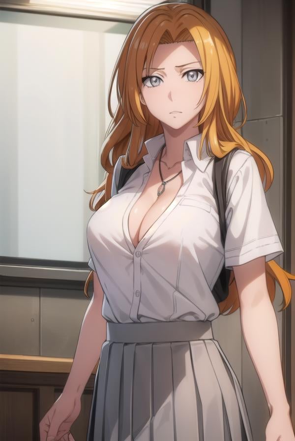 rangikumatsumoto, <lora:rangikumatsumoto-lora-nochekaiser:1>,rangiku matsumoto, long hair, (grey eyes:1.5), orange hair, mole, mole under mouth, parted bangs,BREAK skirt, shirt, cleavage, jewelry, school uniform, pleated skirt, necklace, chain, collar, short sleeves, grey skirt, white shirt,BREAK indoors, classroom,BREAK looking at viewer, (cowboy shot:1.5),BREAK <lyco:GoodHands-beta2:1>, (masterpiece:1.2), best quality, high resolution, unity 8k wallpaper, (illustration:0.8), (beautiful detailed eyes:1.6), extremely detailed face, perfect lighting, extremely detailed CG, (perfect hands, perfect anatomy),