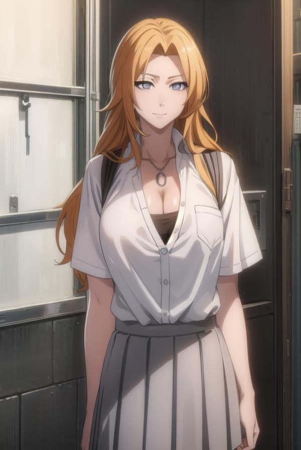 rangikumatsumoto, <lora:rangikumatsumoto-lora-nochekaiser:1>,rangiku matsumoto, long hair, (grey eyes:1.5), orange hair, mole, mole under mouth, parted bangs, <lora:sensualface_type2:1>, smile,BREAK skirt, shirt, cleavage, jewelry, school uniform, pleated skirt, necklace, chain, collar, short sleeves, grey skirt, white shirt,BREAK indoors, classroom,BREAK looking at viewer, (cowboy shot:1.5),BREAK <lyco:GoodHands-beta2:1>, (masterpiece:1.2), best quality, high resolution, unity 8k wallpaper, (illustration:0.8), (beautiful detailed eyes:1.6), extremely detailed face, perfect lighting, extremely detailed CG, (perfect hands, perfect anatomy),