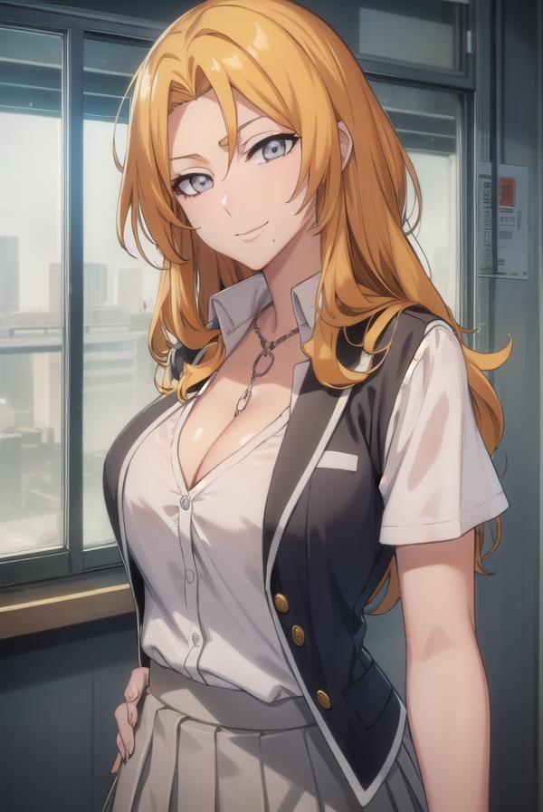 rangikumatsumoto, <lora:rangikumatsumoto-lora-nochekaiser:1>,rangiku matsumoto, long hair, (grey eyes:1.5), orange hair, mole, mole under mouth, parted bangs, <lora:sensualface_type2:1>, smile,BREAK skirt, shirt, cleavage, jewelry, school uniform, pleated skirt, necklace, chain, collar, short sleeves, grey skirt, white shirt,BREAK indoors, classroom,BREAK looking at viewer, (cowboy shot:1.5),BREAK <lyco:GoodHands-beta2:1>, (masterpiece:1.2), best quality, high resolution, unity 8k wallpaper, (illustration:0.8), (beautiful detailed eyes:1.6), extremely detailed face, perfect lighting, extremely detailed CG, (perfect hands, perfect anatomy),