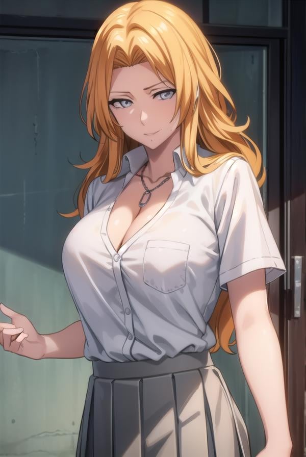 rangikumatsumoto, <lora:rangikumatsumoto-lora-nochekaiser:1>,rangiku matsumoto, long hair, (grey eyes:1.5), orange hair, mole, mole under mouth, parted bangs, <lora:sensualface_type2:1>, smile,BREAK skirt, shirt, cleavage, jewelry, school uniform, pleated skirt, necklace, chain, collar, short sleeves, grey skirt, white shirt,BREAK indoors, classroom,BREAK looking at viewer, (cowboy shot:1.5),BREAK <lyco:GoodHands-beta2:1>, (masterpiece:1.2), best quality, high resolution, unity 8k wallpaper, (illustration:0.8), (beautiful detailed eyes:1.6), extremely detailed face, perfect lighting, extremely detailed CG, (perfect hands, perfect anatomy),