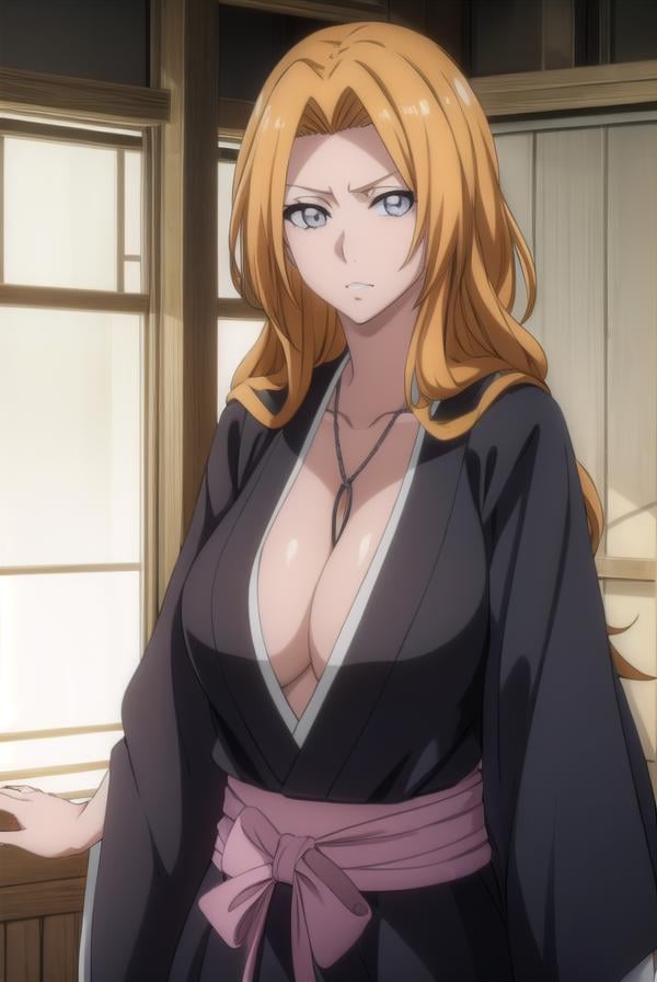 rangikumatsumoto, <lora:rangikumatsumoto-lora-nochekaiser:1>,rangiku matsumoto, long hair, (grey eyes:1.5), orange hair, mole, mole under mouth, parted bangs,BREAK long sleeves, cleavage, jewelry, japanese clothes, kimono, necklace, black kimono, hakama, black hakama, sash, white sash,BREAK indoors, classroom,BREAK looking at viewer, (cowboy shot:1.5),BREAK <lyco:GoodHands-beta2:1>, (masterpiece:1.2), best quality, high resolution, unity 8k wallpaper, (illustration:0.8), (beautiful detailed eyes:1.6), extremely detailed face, perfect lighting, extremely detailed CG, (perfect hands, perfect anatomy),