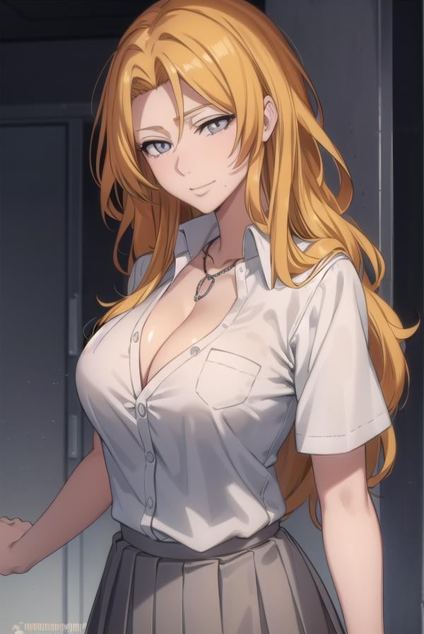 rangikumatsumoto, <lora:rangikumatsumoto-lora-nochekaiser:1>,rangiku matsumoto, long hair, (grey eyes:1.5), orange hair, mole, mole under mouth, parted bangs, <lora:sensualface_type2:1>, smile,BREAK skirt, shirt, cleavage, jewelry, school uniform, pleated skirt, necklace, chain, collar, short sleeves, grey skirt, white shirt,BREAK indoors, classroom,BREAK looking at viewer, (cowboy shot:1.5),BREAK <lyco:GoodHands-beta2:1>, (masterpiece:1.2), best quality, high resolution, unity 8k wallpaper, (illustration:0.8), (beautiful detailed eyes:1.6), extremely detailed face, perfect lighting, extremely detailed CG, (perfect hands, perfect anatomy),