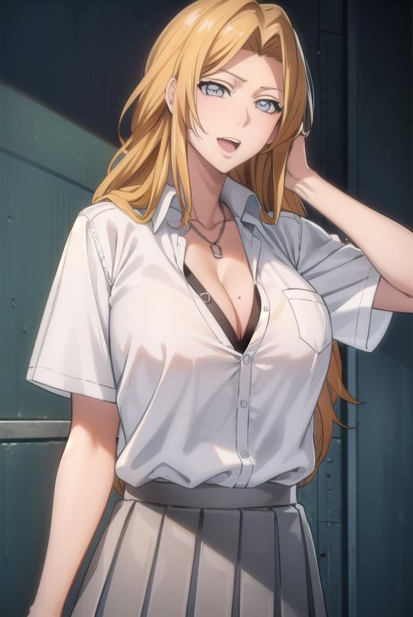 rangikumatsumoto, <lora:rangikumatsumoto-lora-nochekaiser:1>,rangiku matsumoto, long hair, (grey eyes:1.5), orange hair, mole, mole under mouth, parted bangs, <lora:sensualface_type2:1>, open mouth, smile,BREAK skirt, shirt, cleavage, jewelry, school uniform, pleated skirt, necklace, chain, collar, short sleeves, grey skirt, white shirt,BREAK indoors, classroom,BREAK looking at viewer, (cowboy shot:1.5),BREAK <lyco:GoodHands-beta2:1>, (masterpiece:1.2), best quality, high resolution, unity 8k wallpaper, (illustration:0.8), (beautiful detailed eyes:1.6), extremely detailed face, perfect lighting, extremely detailed CG, (perfect hands, perfect anatomy),