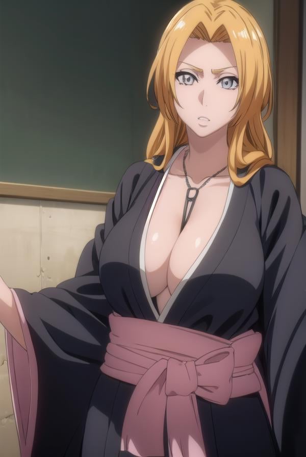 rangikumatsumoto, <lora:rangikumatsumoto-lora-nochekaiser:1>,rangiku matsumoto, long hair, (grey eyes:1.5), orange hair, mole, mole under mouth, parted bangs,BREAK long sleeves, cleavage, jewelry, japanese clothes, kimono, necklace, black kimono, hakama, black hakama, sash, white sash,BREAK indoors, classroom,BREAK looking at viewer, (cowboy shot:1.5),BREAK <lyco:GoodHands-beta2:1>, (masterpiece:1.2), best quality, high resolution, unity 8k wallpaper, (illustration:0.8), (beautiful detailed eyes:1.6), extremely detailed face, perfect lighting, extremely detailed CG, (perfect hands, perfect anatomy),