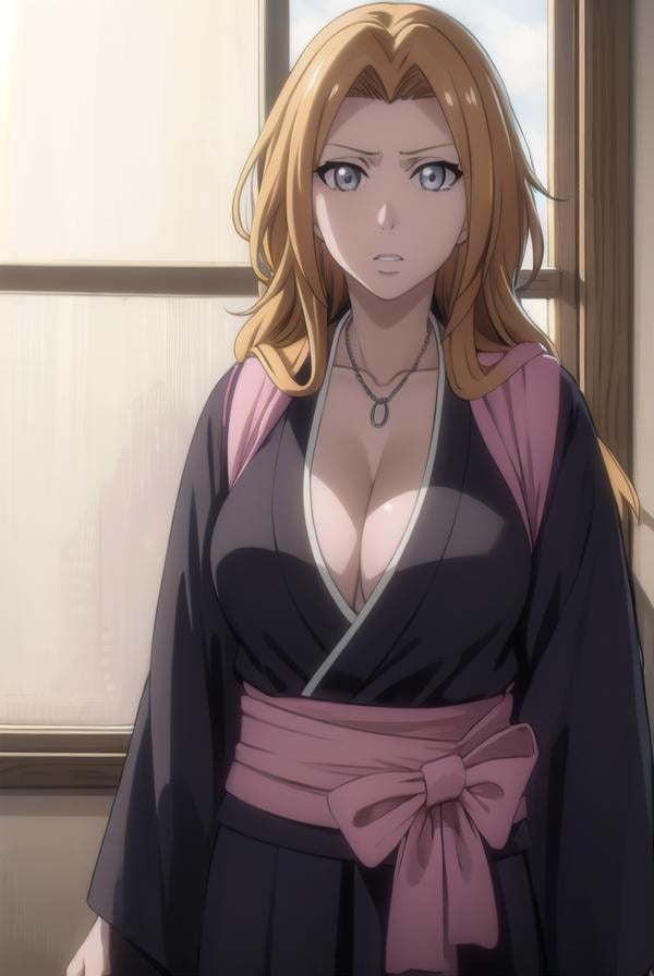 rangikumatsumoto, <lora:rangikumatsumoto-lora-nochekaiser:1>,rangiku matsumoto, long hair, (grey eyes:1.5), orange hair, mole, mole under mouth, parted bangs,BREAK long sleeves, cleavage, jewelry, japanese clothes, kimono, necklace, black kimono, hakama, black hakama, sash, white sash,BREAK indoors, classroom,BREAK looking at viewer, (cowboy shot:1.5),BREAK <lyco:GoodHands-beta2:1>, (masterpiece:1.2), best quality, high resolution, unity 8k wallpaper, (illustration:0.8), (beautiful detailed eyes:1.6), extremely detailed face, perfect lighting, extremely detailed CG, (perfect hands, perfect anatomy),