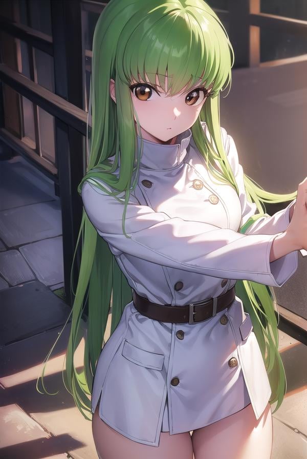 codegeasscc, <lora:codegeasscc-lora-nochekaiser:1>, cc, (brown eyes:1.5), green hair, long hair, straight hair,BREAK straitjacket, (white straitjacket:1.5), wide sleeves, belt, black belt,BREAK outdoors, city,BREAK looking at viewer, (cowboy shot:1.5),BREAK <lyco:GoodHands-beta2:1>, (masterpiece:1.2), best quality, high resolution, unity 8k wallpaper, (illustration:0.8), (beautiful detailed eyes:1.6), extremely detailed face, perfect lighting, extremely detailed CG, (perfect hands, perfect anatomy),