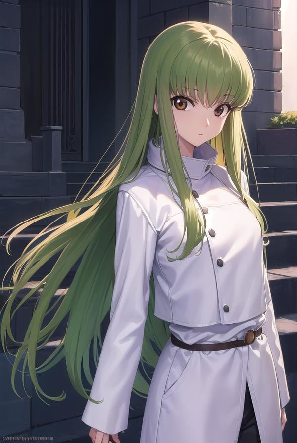 codegeasscc, <lora:codegeasscc-lora-nochekaiser:1>, cc, (brown eyes:1.5), green hair, long hair, straight hair,BREAK straitjacket, (white straitjacket:1.5), wide sleeves, belt, black belt,BREAK outdoors, city,BREAK looking at viewer, (cowboy shot:1.5),BREAK <lyco:GoodHands-beta2:1>, (masterpiece:1.2), best quality, high resolution, unity 8k wallpaper, (illustration:0.8), (beautiful detailed eyes:1.6), extremely detailed face, perfect lighting, extremely detailed CG, (perfect hands, perfect anatomy),