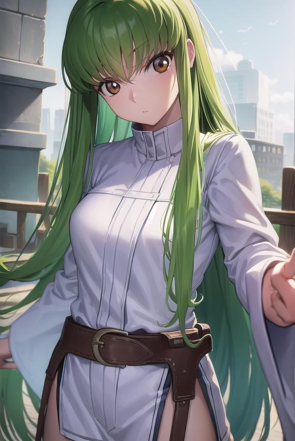 codegeasscc, <lora:codegeasscc-lora-nochekaiser:1>, cc, (brown eyes:1.5), green hair, long hair, straight hair,BREAK straitjacket, (white straitjacket:1.5), wide sleeves, belt, black belt,BREAK outdoors, city,BREAK looking at viewer, (cowboy shot:1.5),BREAK <lyco:GoodHands-beta2:1>, (masterpiece:1.2), best quality, high resolution, unity 8k wallpaper, (illustration:0.8), (beautiful detailed eyes:1.6), extremely detailed face, perfect lighting, extremely detailed CG, (perfect hands, perfect anatomy),