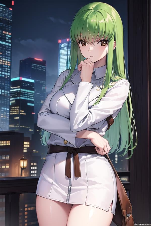 codegeasscc, <lora:codegeasscc-lora-nochekaiser:1>, cc, (brown eyes:1.5), green hair, long hair, straight hair,BREAK straitjacket, (white straitjacket:1.5), wide sleeves, belt, black belt,BREAK outdoors, city,BREAK looking at viewer, (cowboy shot:1.5),BREAK <lyco:GoodHands-beta2:1>, (masterpiece:1.2), best quality, high resolution, unity 8k wallpaper, (illustration:0.8), (beautiful detailed eyes:1.6), extremely detailed face, perfect lighting, extremely detailed CG, (perfect hands, perfect anatomy),