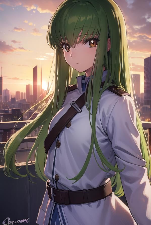 codegeasscc, <lora:codegeasscc-lora-nochekaiser:1>, cc, (brown eyes:1.5), green hair, long hair, straight hair,BREAK straitjacket, (white straitjacket:1.5), wide sleeves, belt, black belt,BREAK outdoors, city,BREAK looking at viewer, (cowboy shot:1.5),BREAK <lyco:GoodHands-beta2:1>, (masterpiece:1.2), best quality, high resolution, unity 8k wallpaper, (illustration:0.8), (beautiful detailed eyes:1.6), extremely detailed face, perfect lighting, extremely detailed CG, (perfect hands, perfect anatomy),