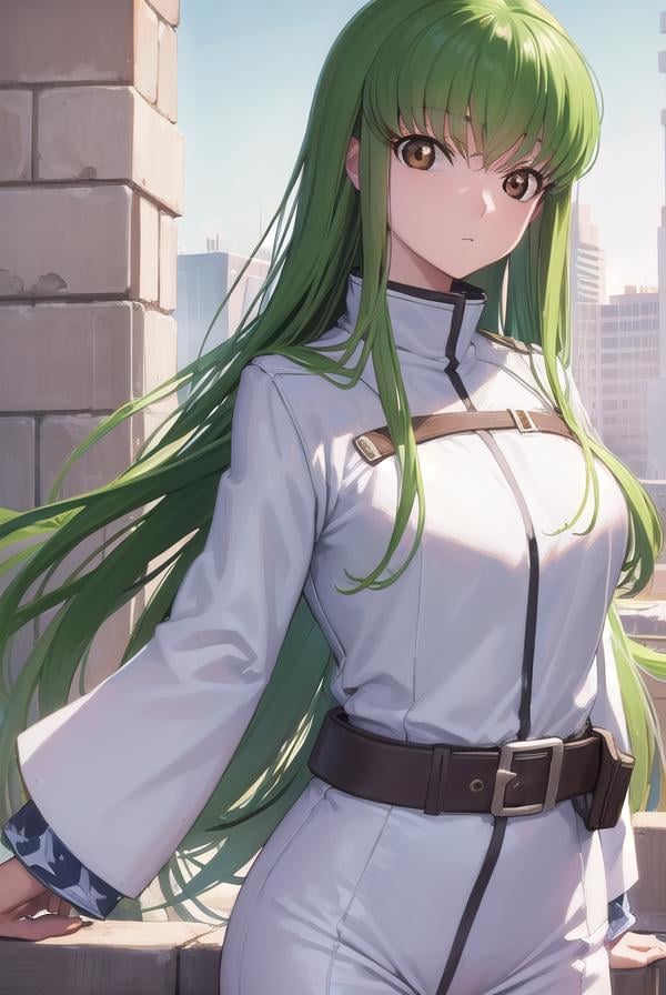 codegeasscc, <lora:codegeasscc-lora-nochekaiser:1>, cc, (brown eyes:1.5), green hair, long hair, straight hair,BREAK straitjacket, (white straitjacket:1.5), wide sleeves, belt, black belt,BREAK outdoors, city,BREAK looking at viewer, (cowboy shot:1.5),BREAK <lyco:GoodHands-beta2:1>, (masterpiece:1.2), best quality, high resolution, unity 8k wallpaper, (illustration:0.8), (beautiful detailed eyes:1.6), extremely detailed face, perfect lighting, extremely detailed CG, (perfect hands, perfect anatomy),