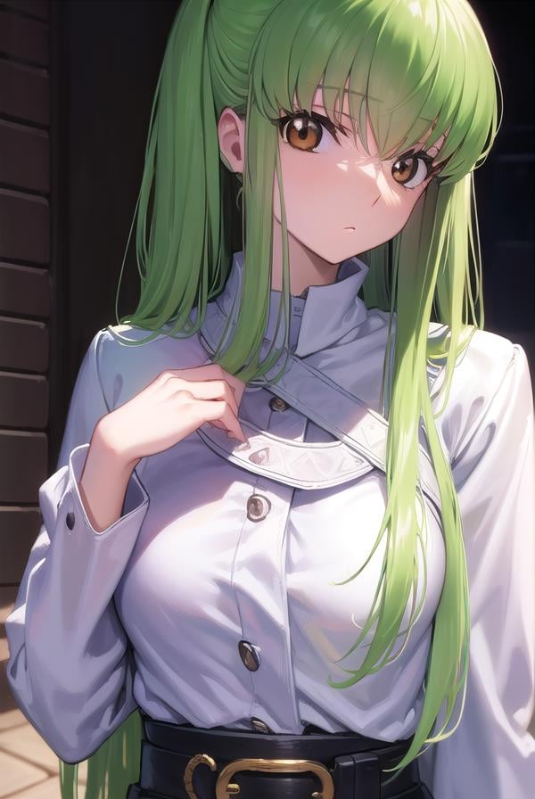 codegeasscc, <lora:codegeasscc-lora-nochekaiser:1>, cc, (brown eyes:1.5), green hair, long hair, straight hair,BREAK straitjacket, (white straitjacket:1.5), wide sleeves, belt, black belt,BREAK outdoors, city,BREAK looking at viewer, (cowboy shot:1.5),BREAK <lyco:GoodHands-beta2:1>, (masterpiece:1.2), best quality, high resolution, unity 8k wallpaper, (illustration:0.8), (beautiful detailed eyes:1.6), extremely detailed face, perfect lighting, extremely detailed CG, (perfect hands, perfect anatomy),