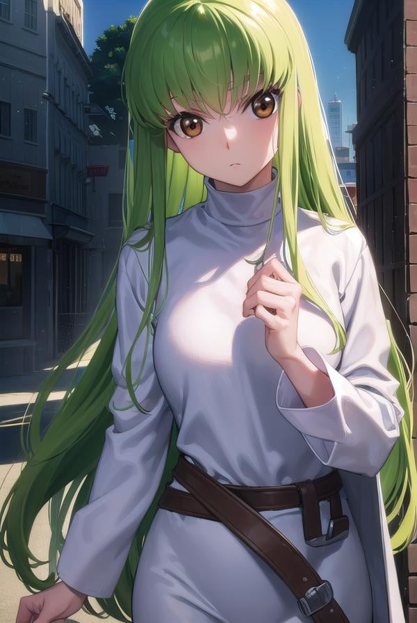 codegeasscc, <lora:codegeasscc-lora-nochekaiser:1>, cc, (brown eyes:1.5), green hair, long hair, straight hair,BREAK straitjacket, (white straitjacket:1.5), wide sleeves, belt, black belt,BREAK outdoors, city,BREAK looking at viewer, (cowboy shot:1.5),BREAK <lyco:GoodHands-beta2:1>, (masterpiece:1.2), best quality, high resolution, unity 8k wallpaper, (illustration:0.8), (beautiful detailed eyes:1.6), extremely detailed face, perfect lighting, extremely detailed CG, (perfect hands, perfect anatomy),